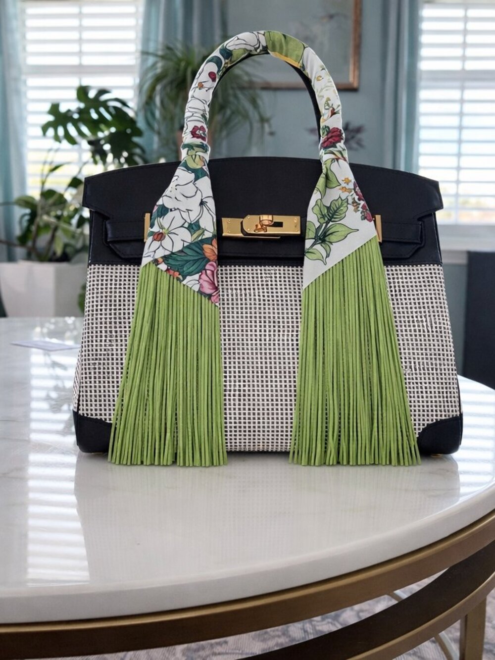 Floral White Green Print on Green Fringe Handbag Wrap Scarf Purse Accessory